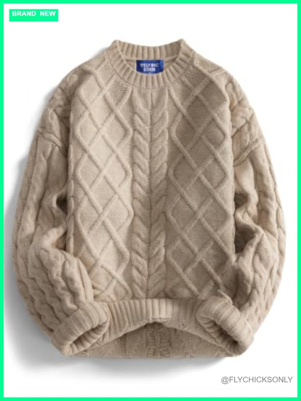 Oversized Cable Knit Sweater Lantern Sleeve Crewneck Pullover